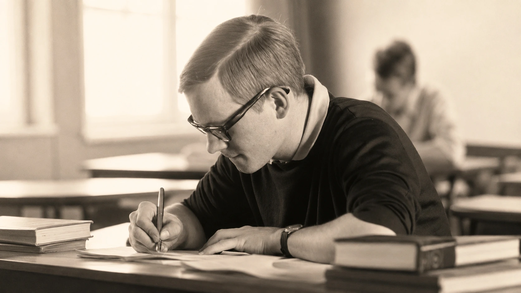 Young Rolf Becker researching written sources