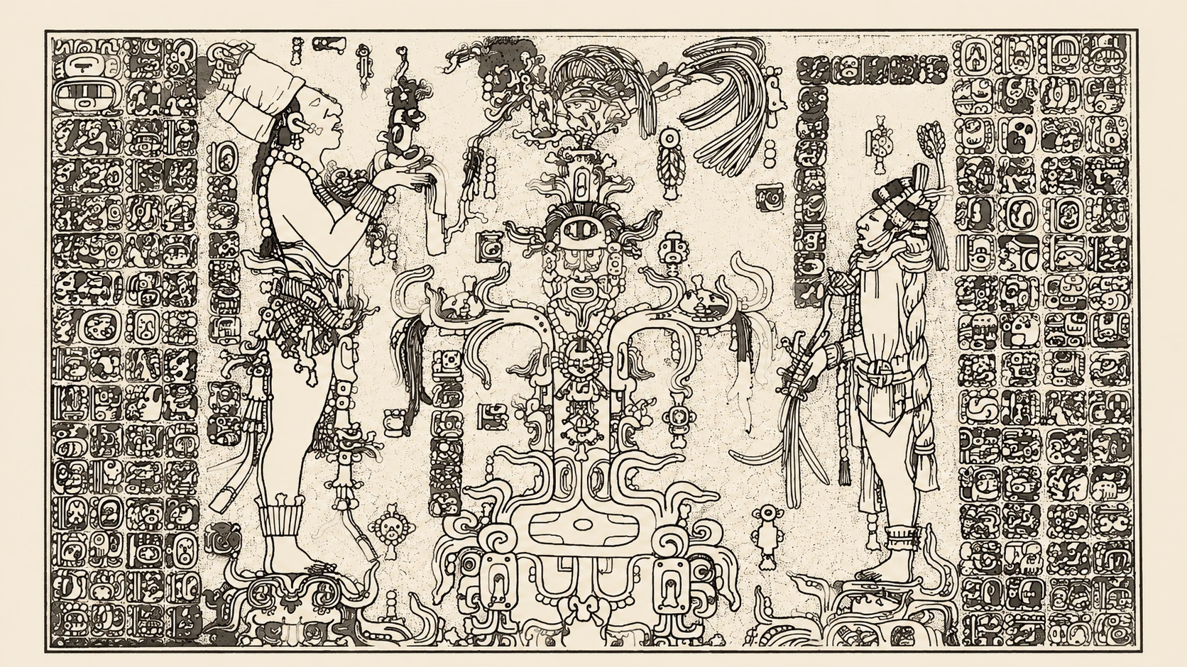 Zeremonielle Komposition mit Figuren und Glyphen