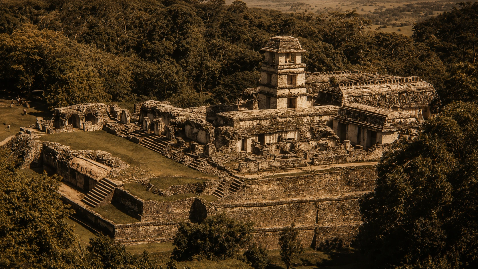 El Palacio y la arquitectura real — El complejo del Palacio y la arquitectura real de Palenque dentro de su entorno monumental y selvático.
