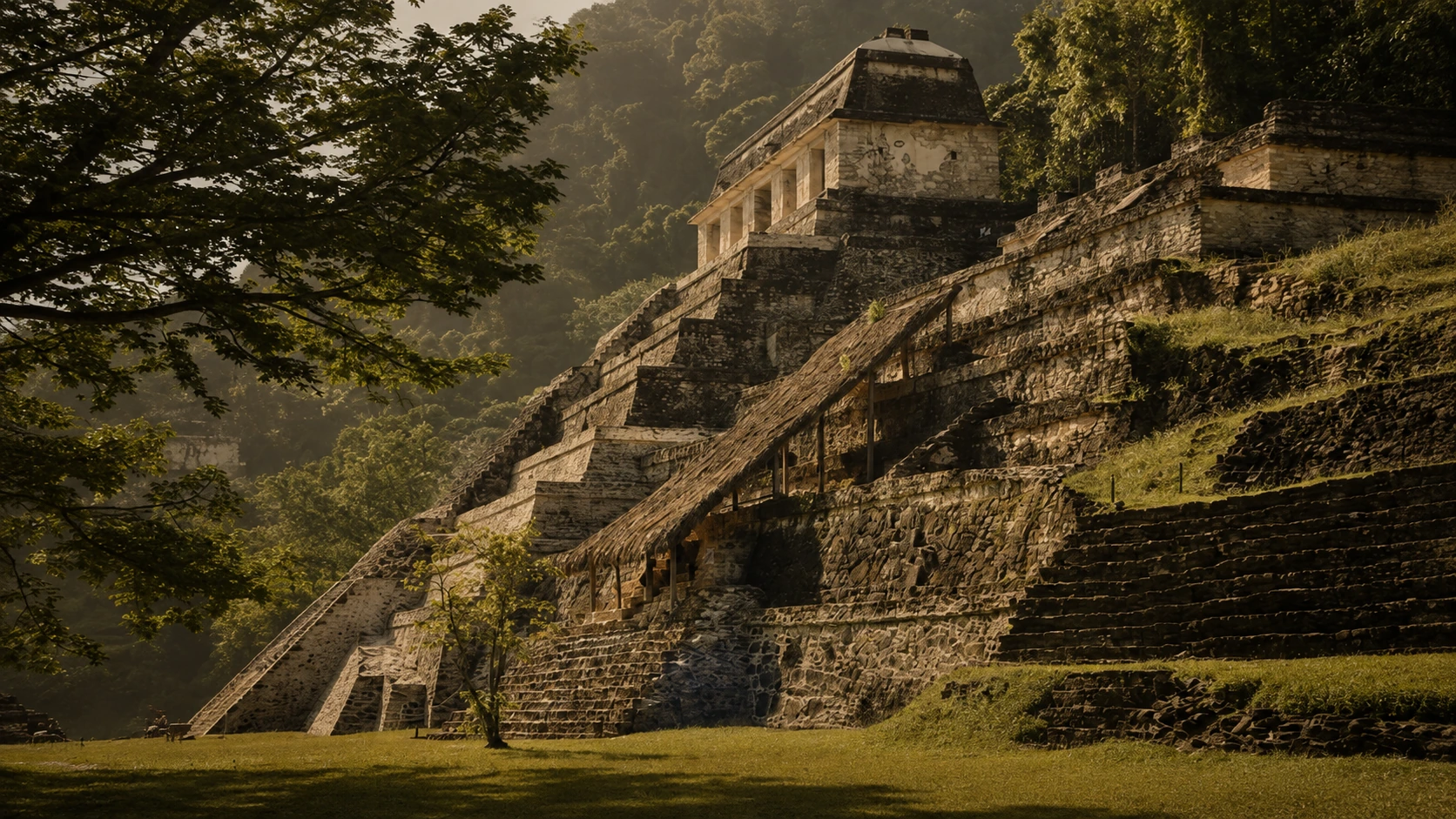 Templo de las Inscripciones y Grupo de las Cruces — La arquitectura monumental de Palenque, incluido el Templo de las Inscripciones y el Grupo de las Cruces.