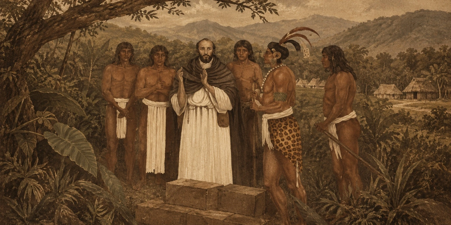 Misionero y habitantes mayas