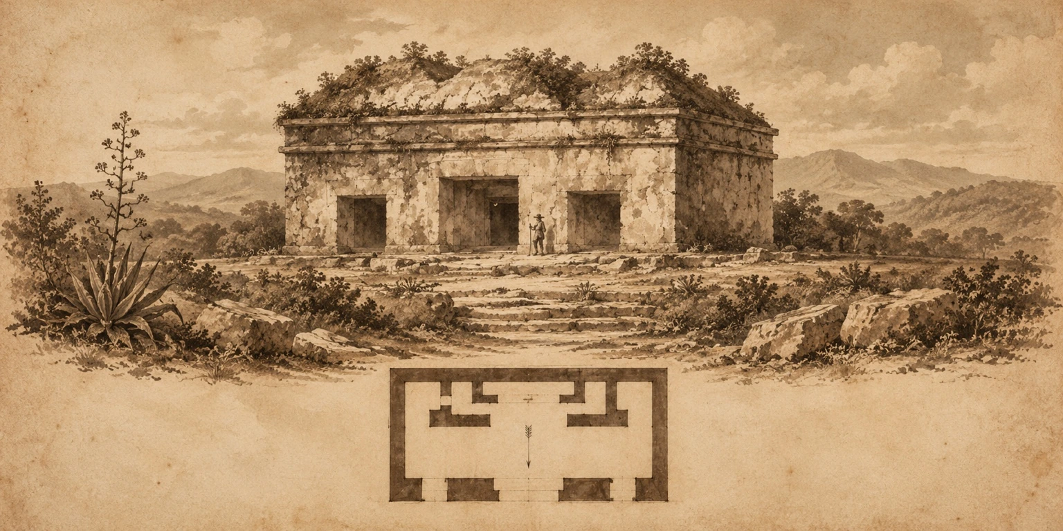 Vista del templo y plano arquitectónico