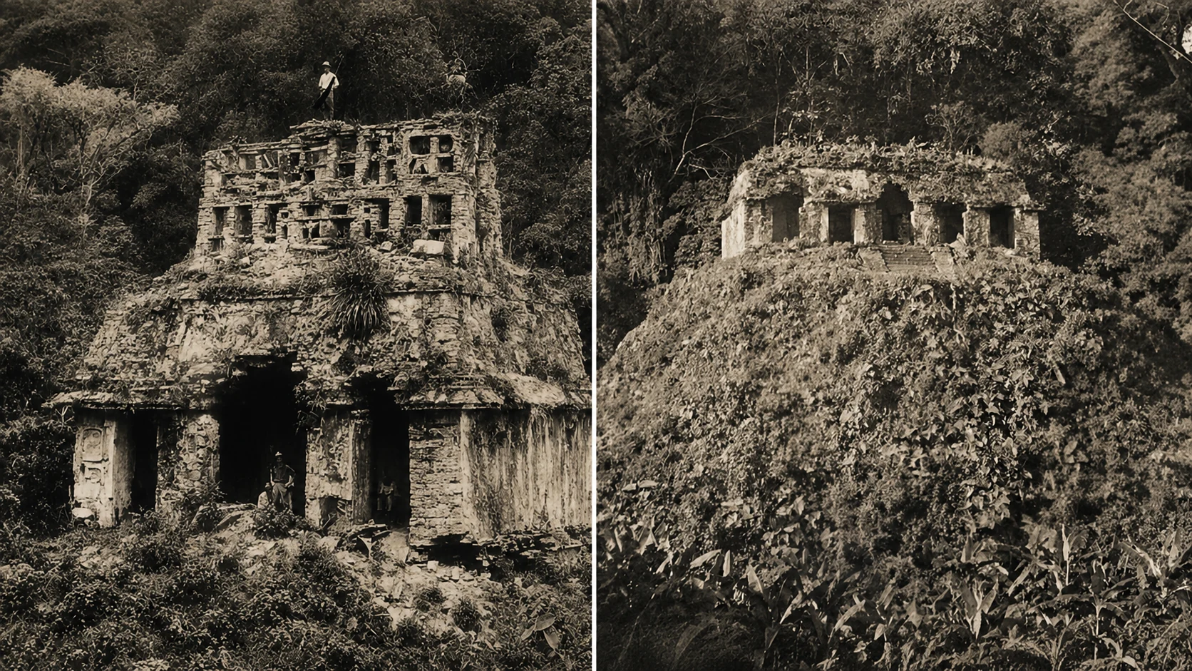 Vergleichsansichten überwucherter Tempel von Palenque