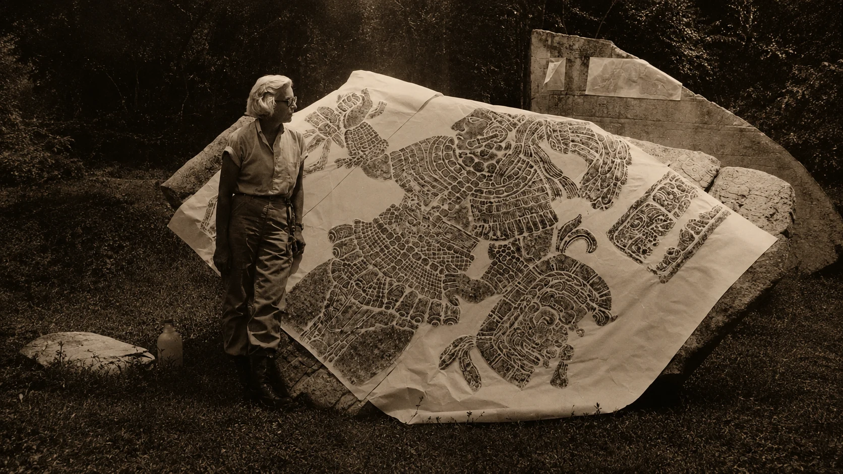 Merle Greene Robertson mit einer Abreibung einer Maya-Skulptur