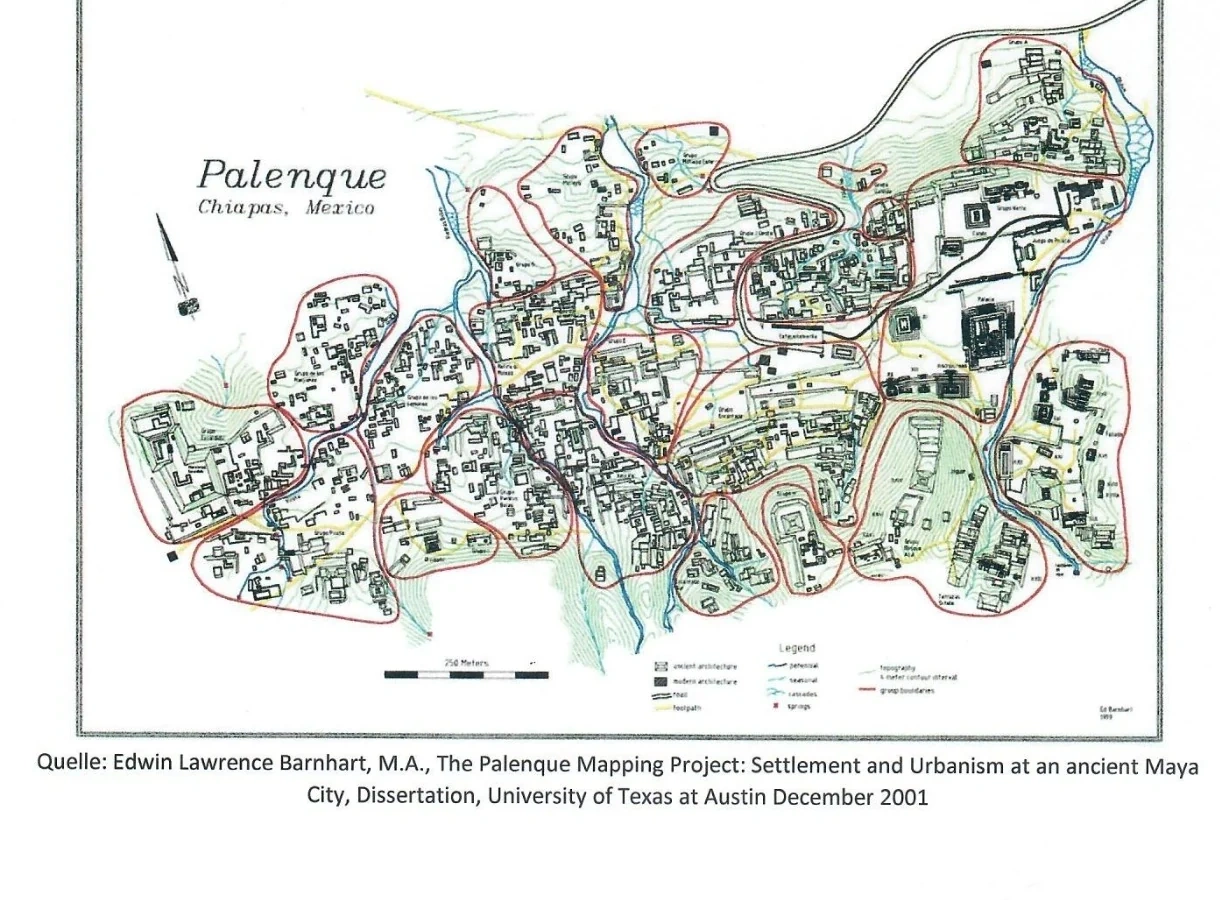 Fuente: Edwin Lawrence Barnhart, M.A., The Palenque Mapping Project: Settlement and Urbanism at an Ancient Maya City, tesis doctoral, University of Texas at Austin, diciembre de 2001 Fuente: Edwin Lawrence Barnhart, M.A., The Palenque Mapping Project: Settlement and Urbanism at an Ancient Maya City, tesis doctoral, University of Texas at Austin, diciembre de 2001