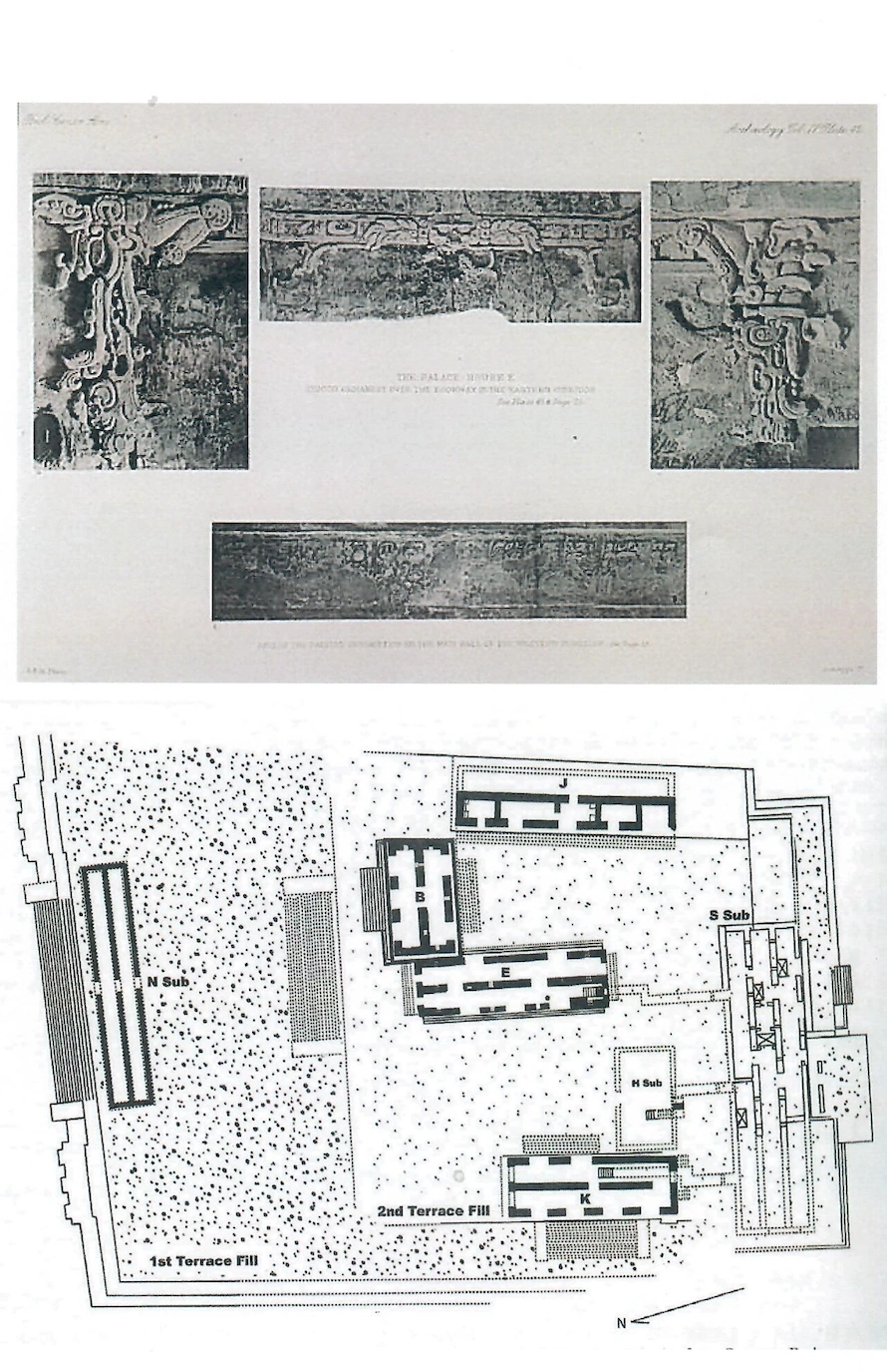 Estuco en la Casa E y fase de construcción 1 del Palacio Estuco en la Casa E y fase de construcción 1 del Palacio